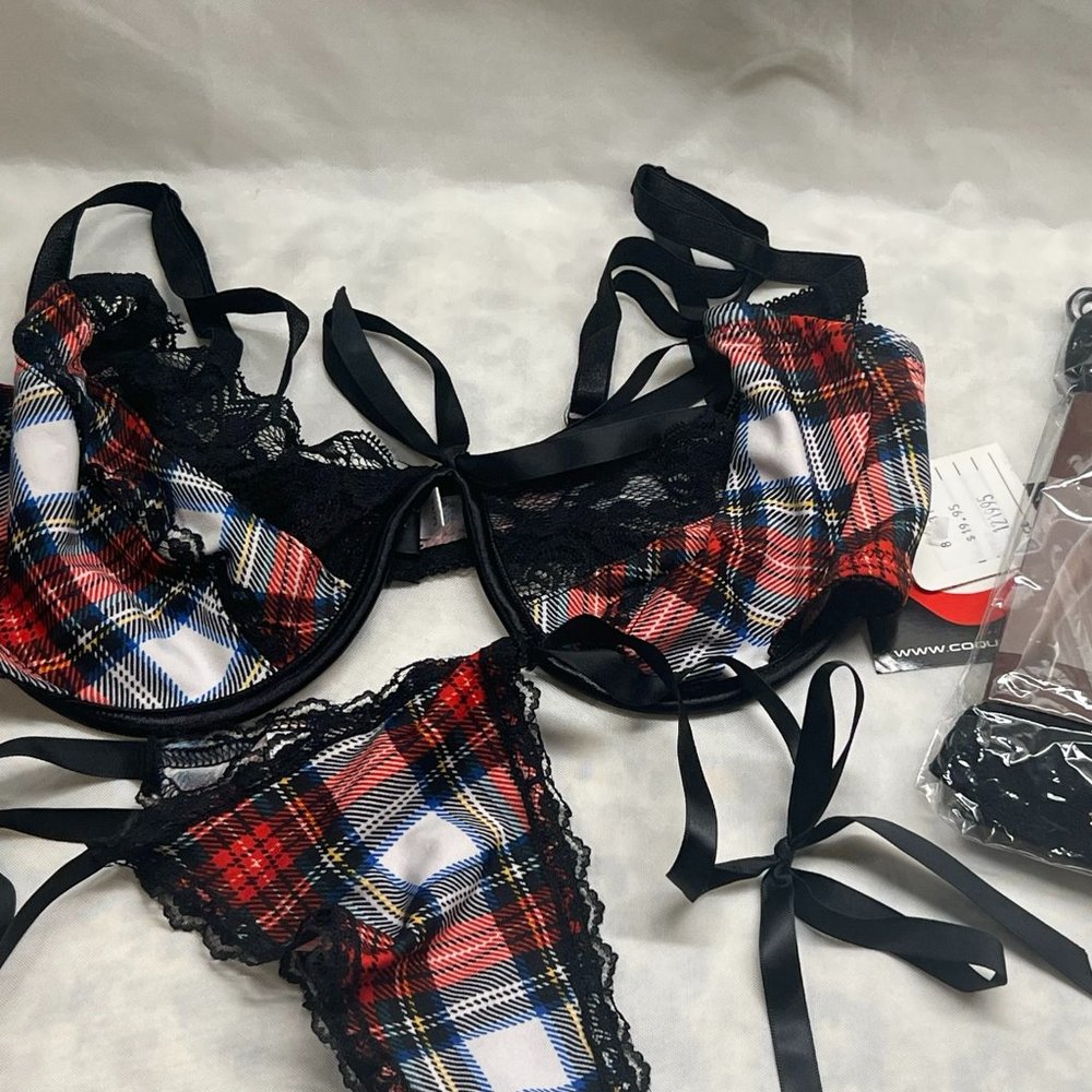 Coquette Plaid w/Ribbon Bra Set & Opaque Bk Thigh highs NWT Med